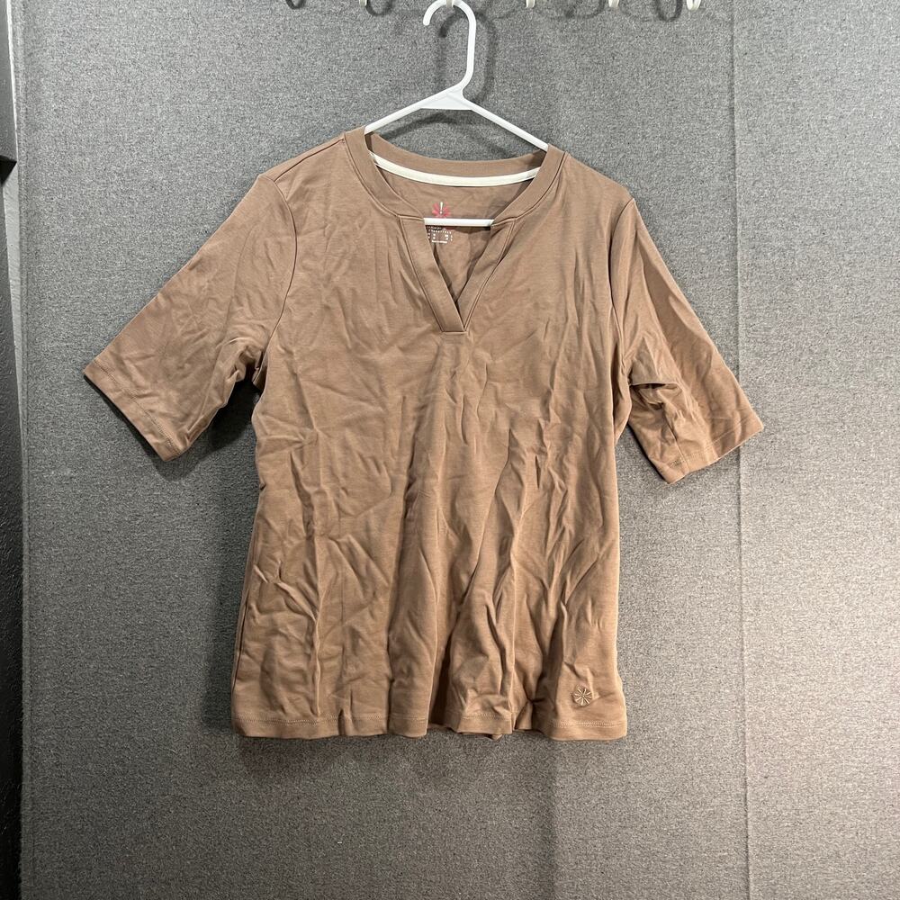 Isaac Mizrahi LIVE! Essentials Pima Cotton Split Neck Top Mushroom, Medium